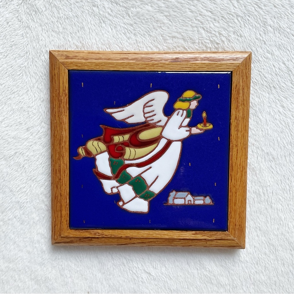 Siegel Arts Tile Angel Wall Art Vintage Ceramic Framed Folk Art Blue